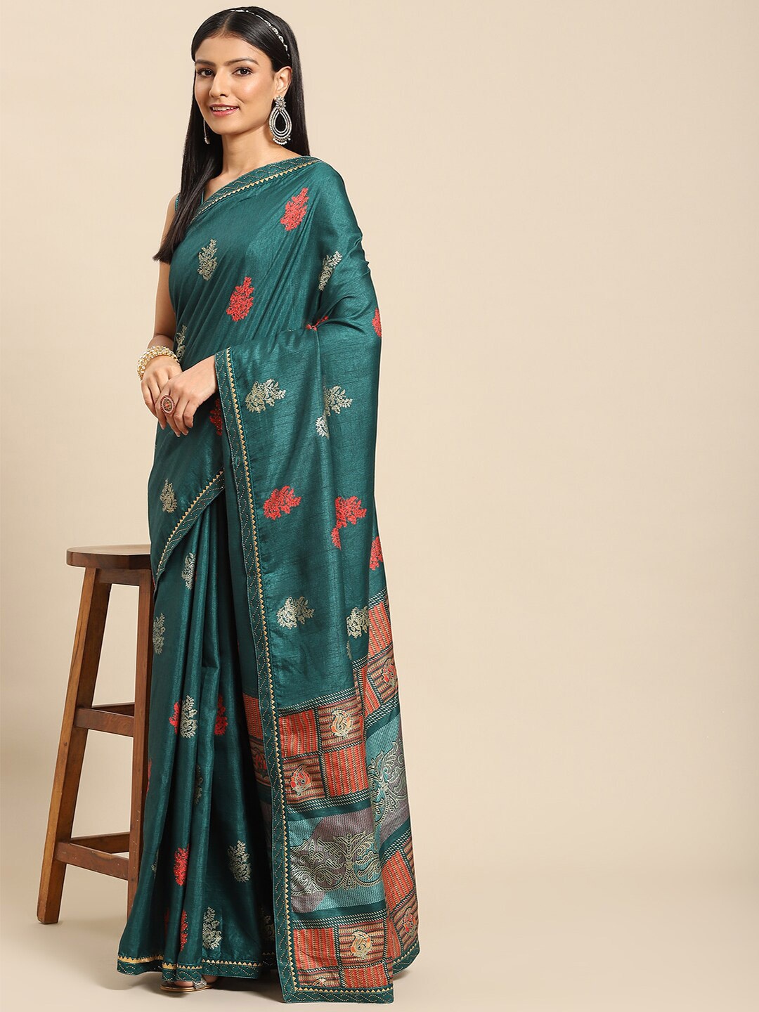 

Mitera Floral Beads and Stones Saree, Blue