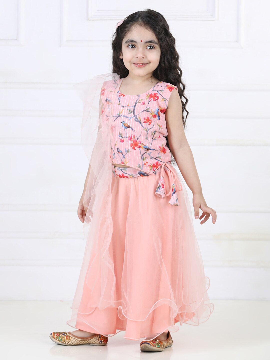 

Kinder Kids Girls Printed Ready to Wear Lehenga & Blouse With Dupatta, Peach