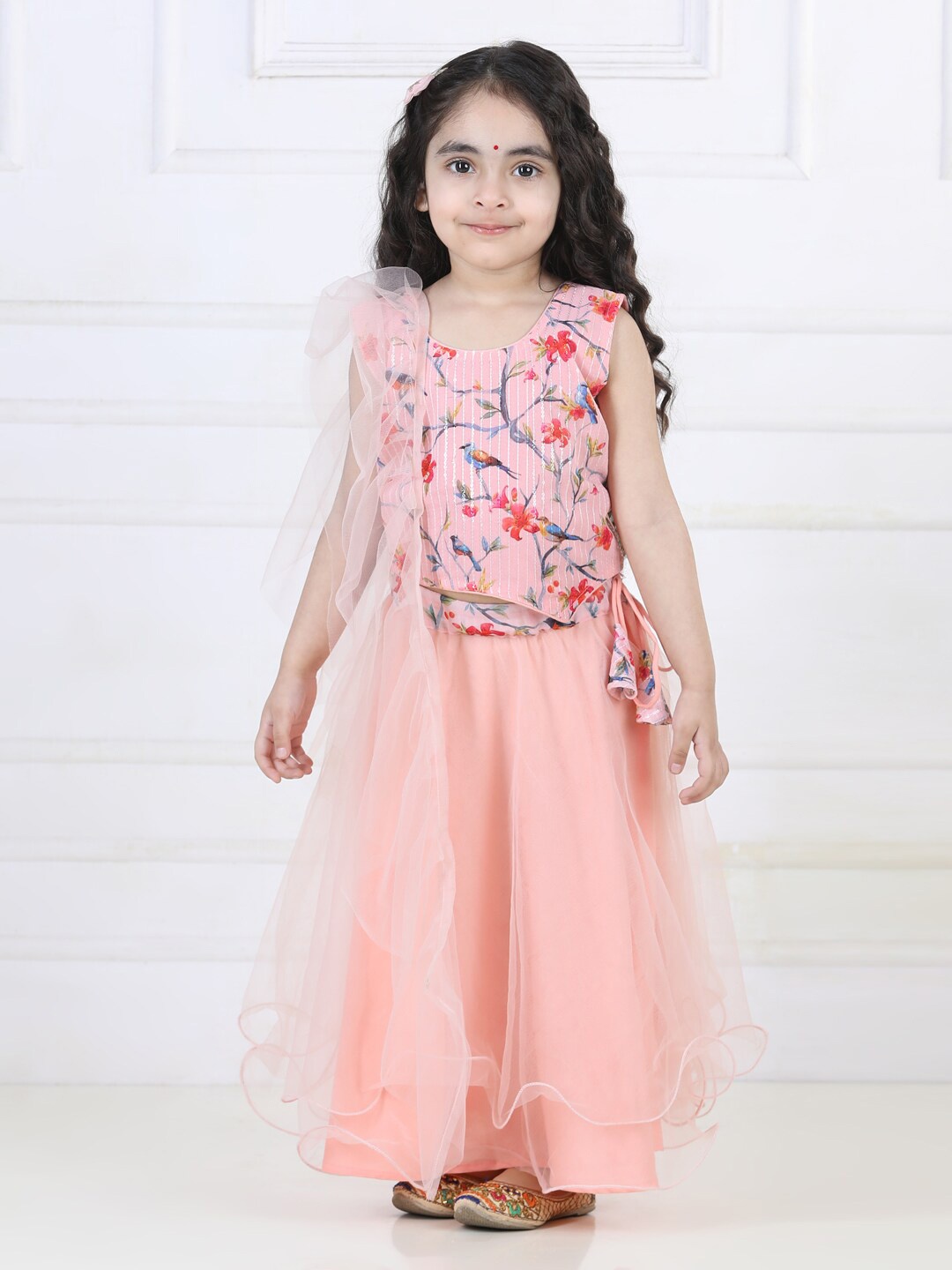 

Kinder Kids Girls Printed Sequinned Ready to Wear Lehenga & Blouse With Dupatta, Peach