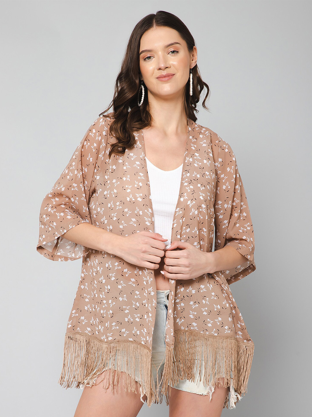 

PURYS Women Floral Printed Open Front Shrug, Brown