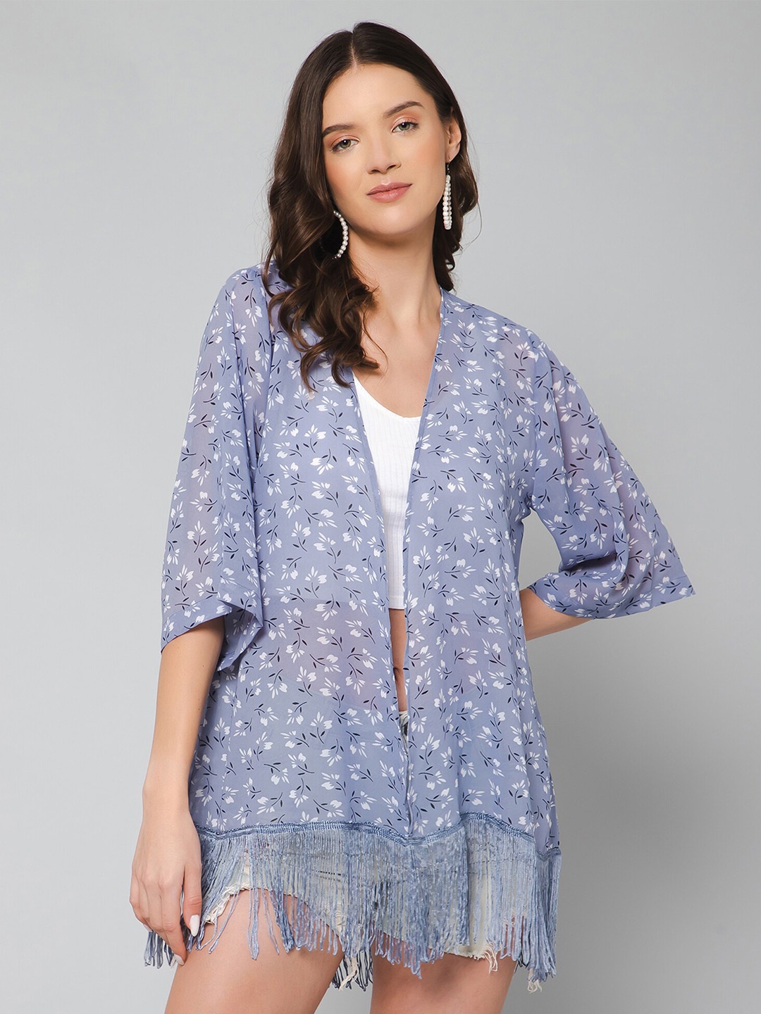 

PURYS Women Floral Printed Open Front Shrug, Grey
