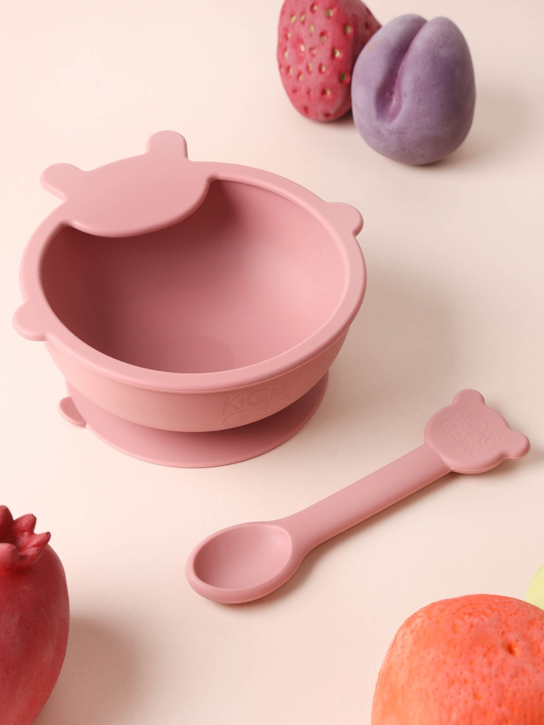 

KICKS & CRAWL Kids Pink Baby Bear Silicone Bowl & Spoon Utensil Set