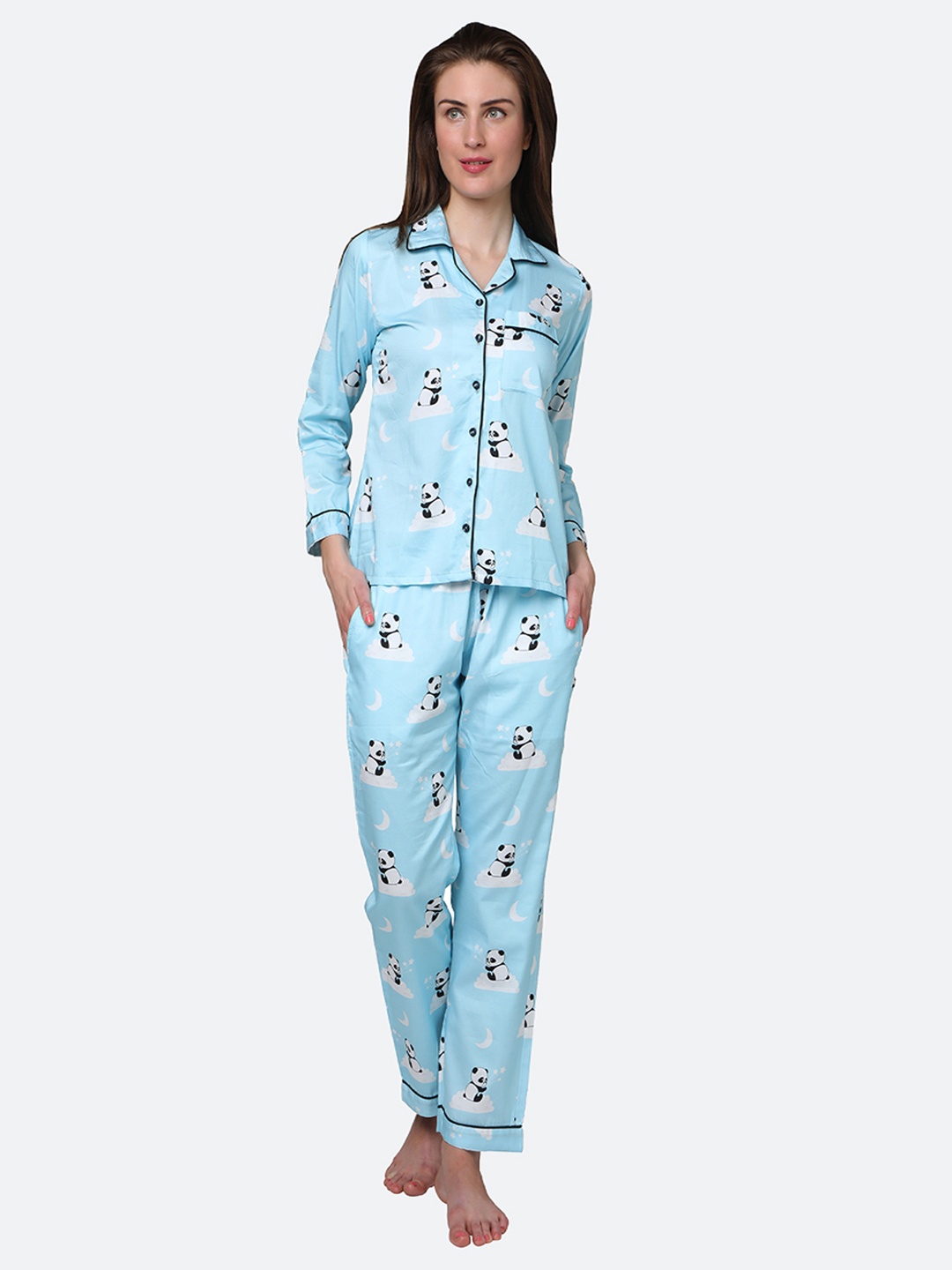 

Pyjama Party Women Printed Pure Cotton Night suit, Blue