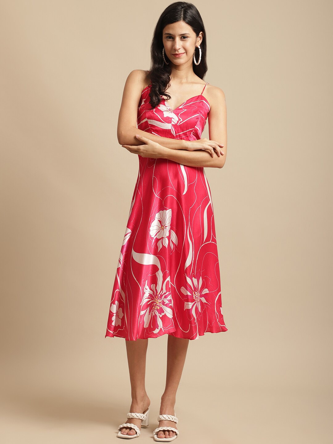 

ewoke Floral Printed Shoulder Strap Silk Fit & Flare Midi Dress, Red