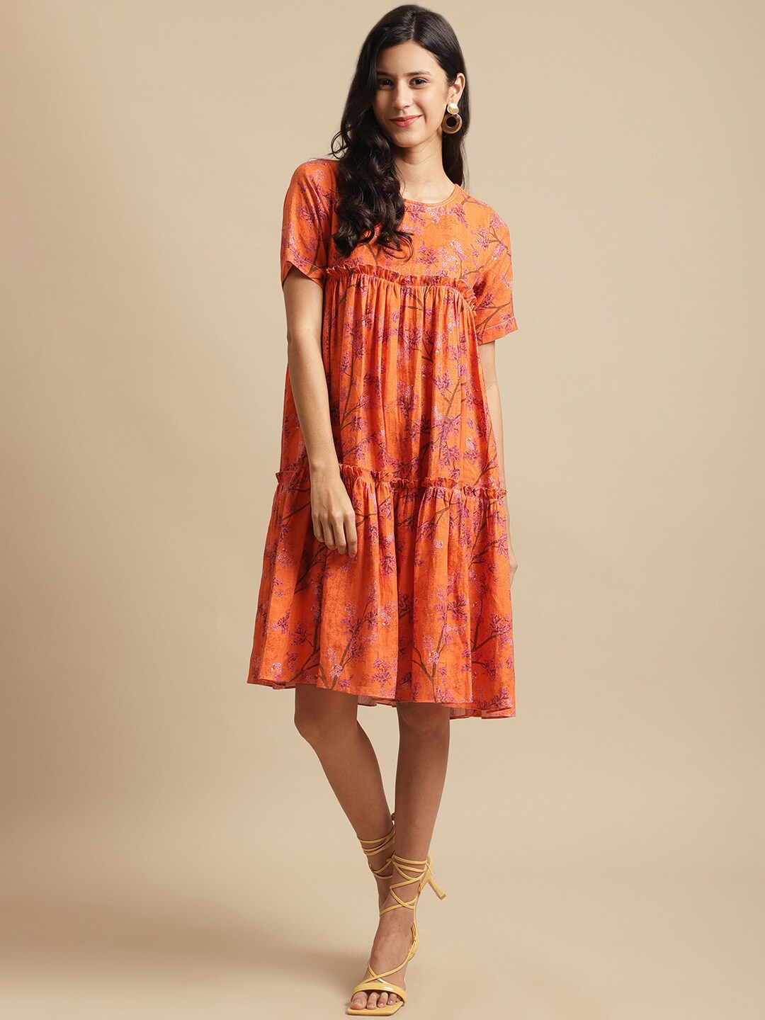 

ewoke Floral Printed Linen A-Line Dress, Orange