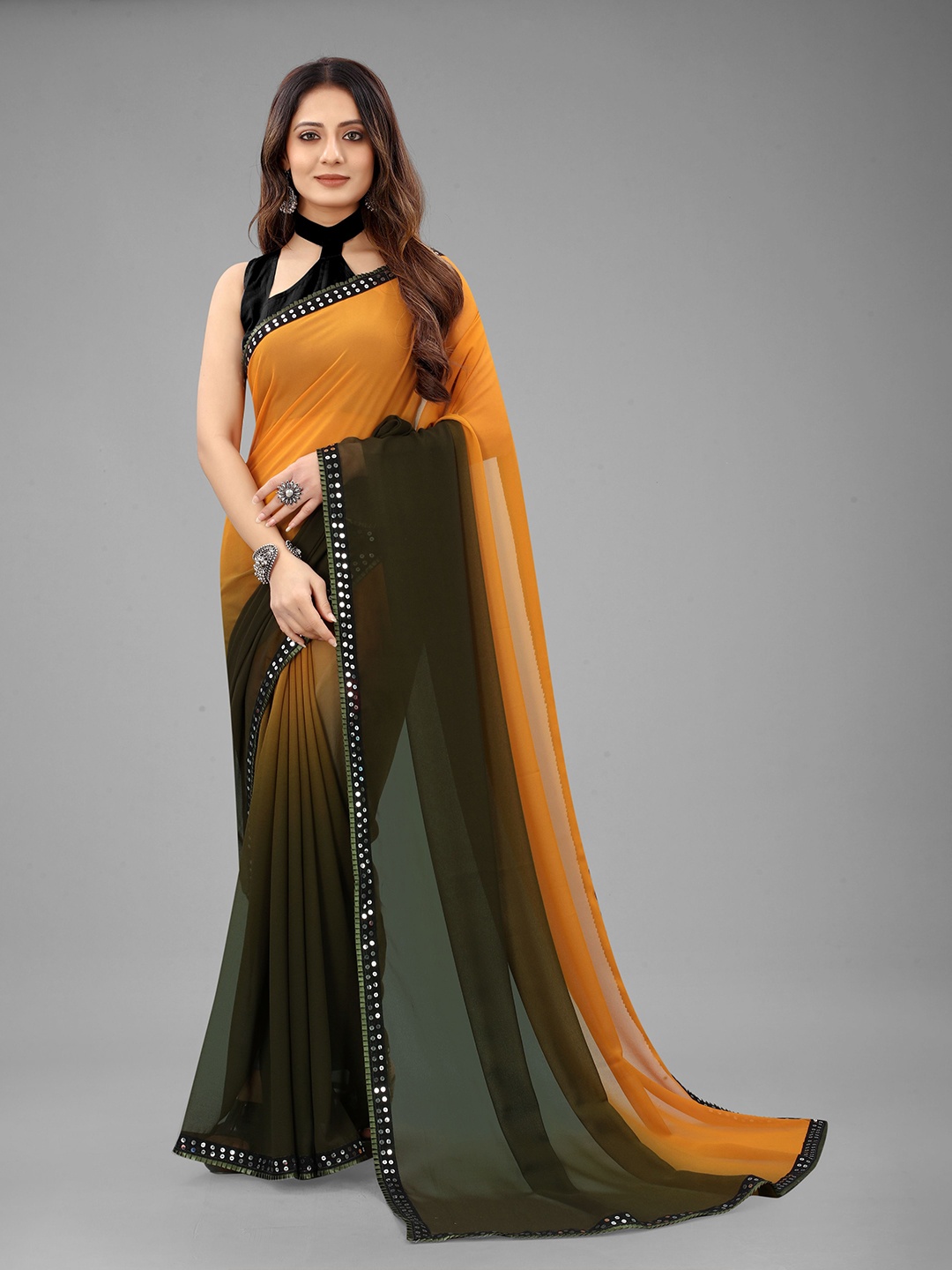 

WILORI Ombre Mirror Work Pure Georgette Saree, Olive