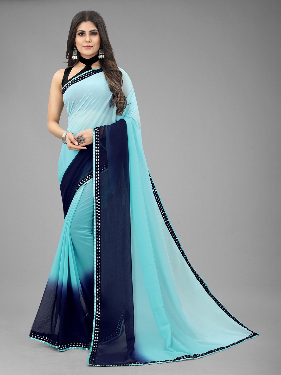 

WILORI Colourblocked Mirror Work Pure Georgette Saree, Blue