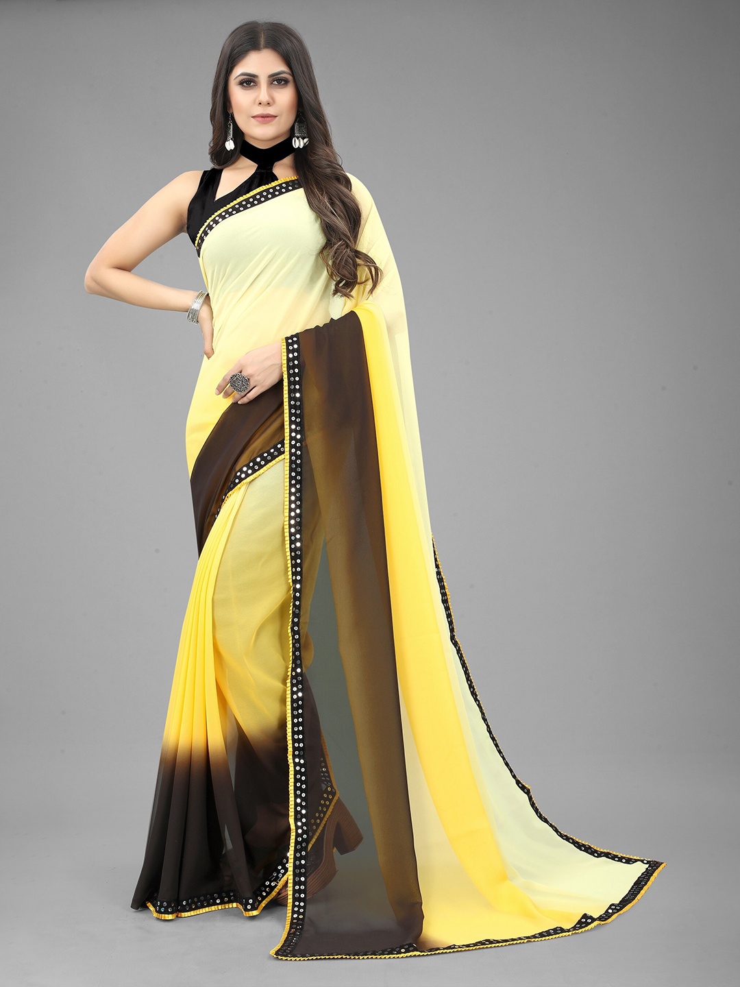 WILORI Colourblocked Mirror Work Pure Georgette Fusion Saree, Yellow