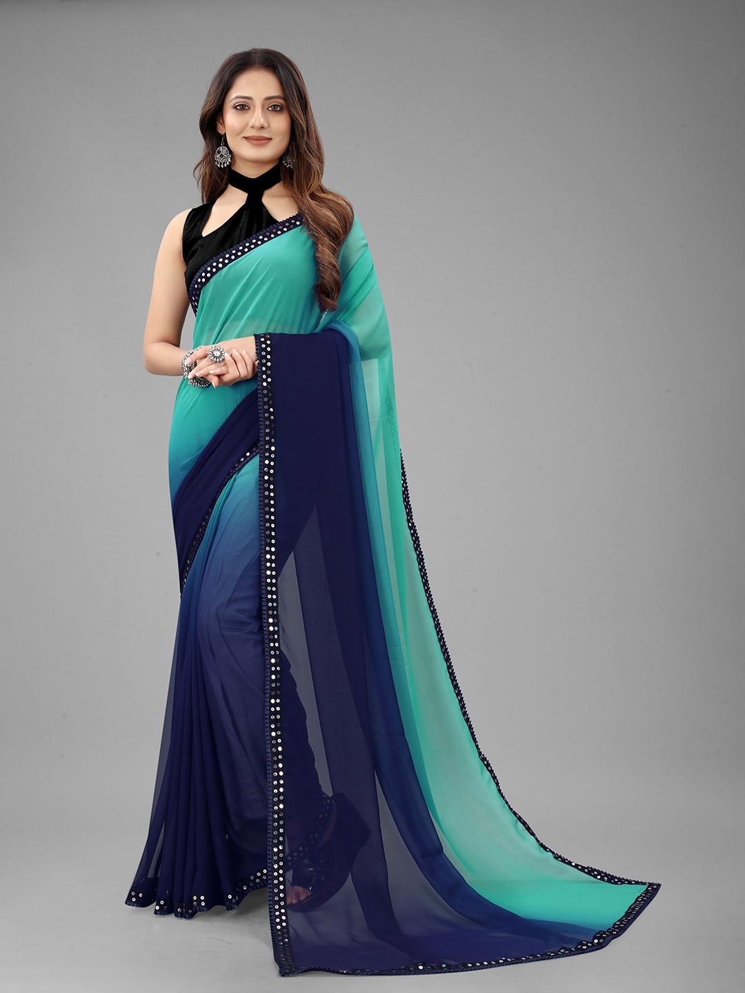 

WILORI Ombre Sequinned Pure Georgette Saree, Teal