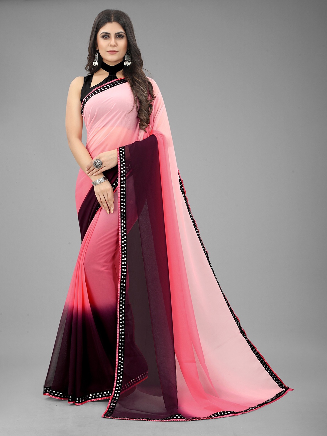 

WILORI Colourblocked Sequinned Pure Georgette Saree, Pink