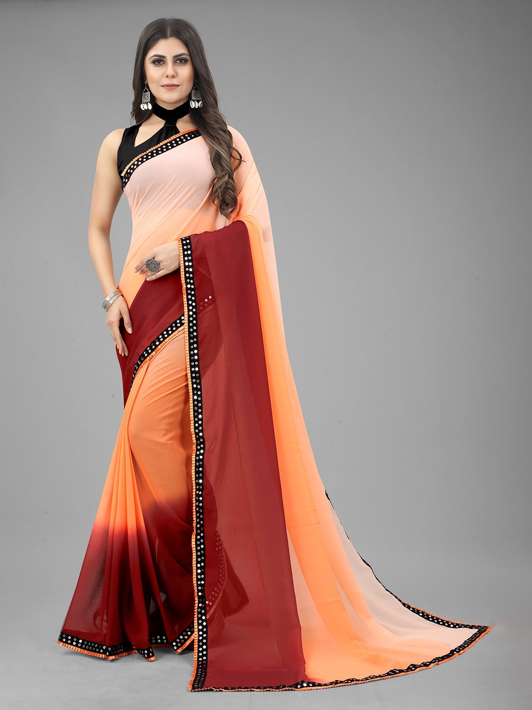 WILORI Colourblocked Sequinned Pure Georgette Saree, Orange