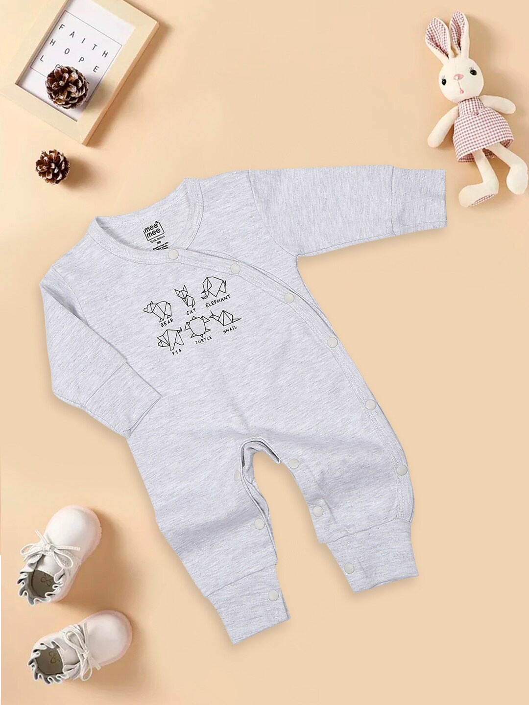 

MeeMee Infants Printed Pure Cotton Rompers, Grey