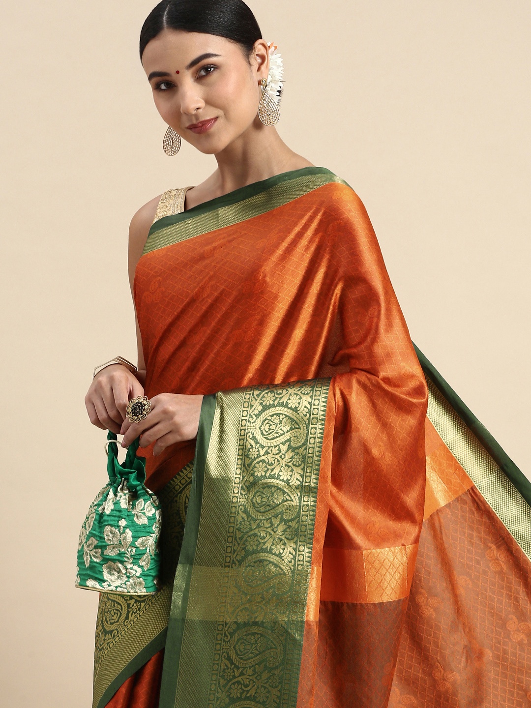 

FASHDEAL Woven Design Ethnic Motifs Pure Cotton Saree, Orange