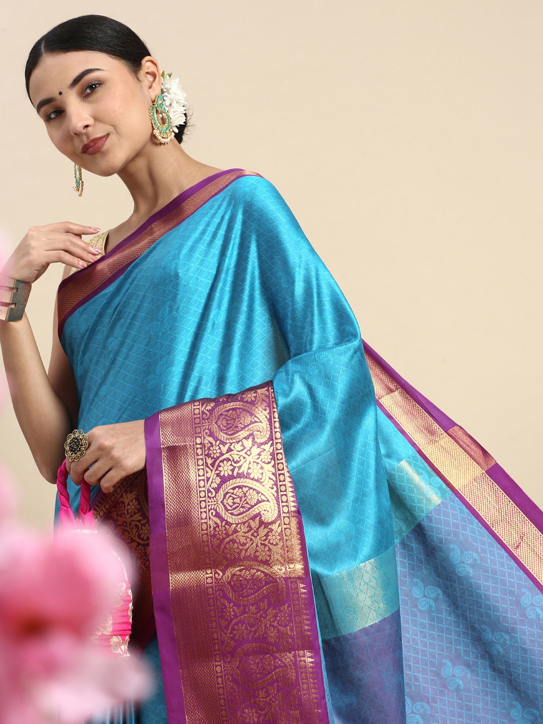 

FASHDEAL Paisley Pure Cotton Saree, Blue