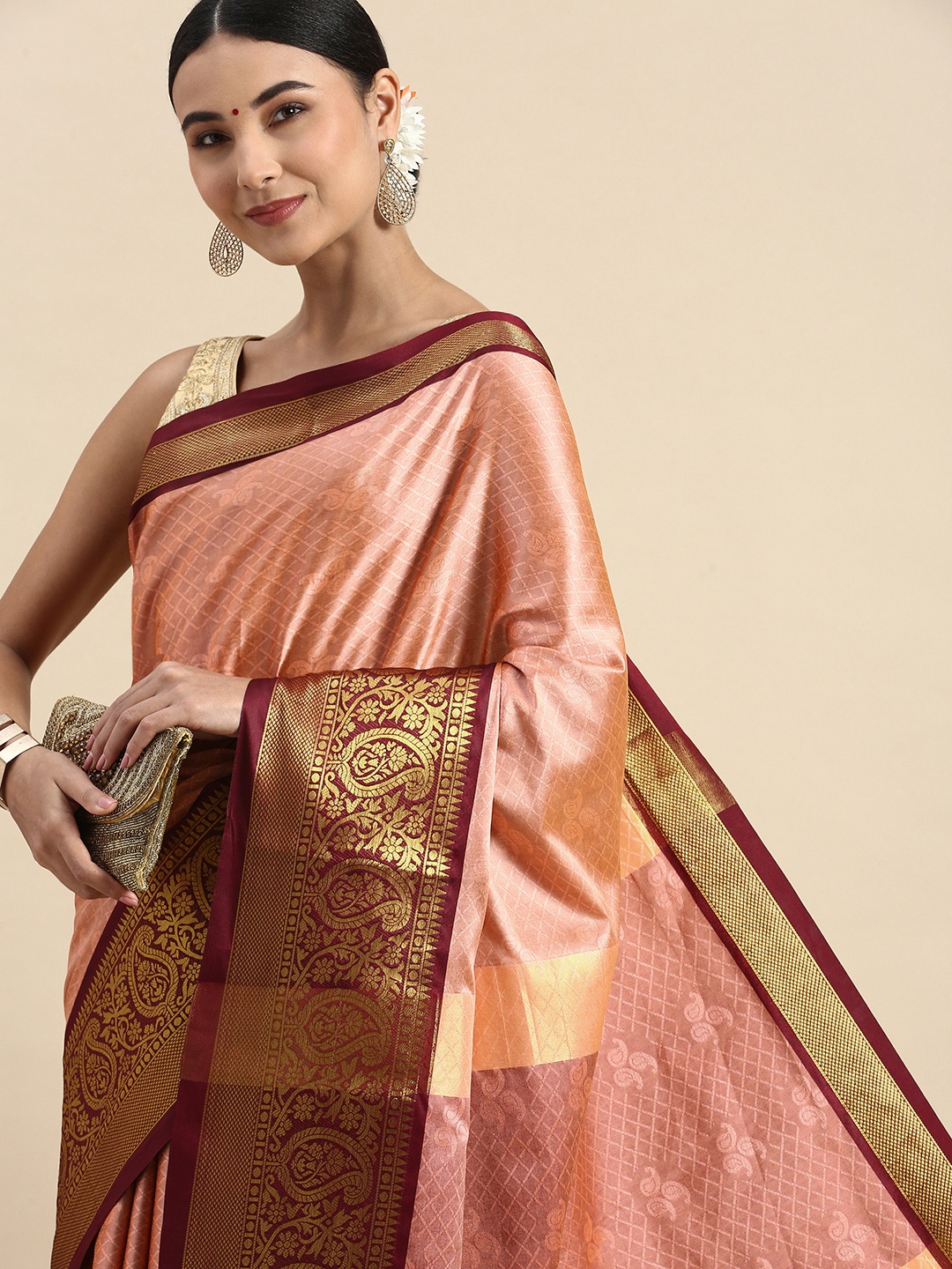 

FASHDEAL Woven Design Ethnic Motifs Pure Cotton Saree, Peach