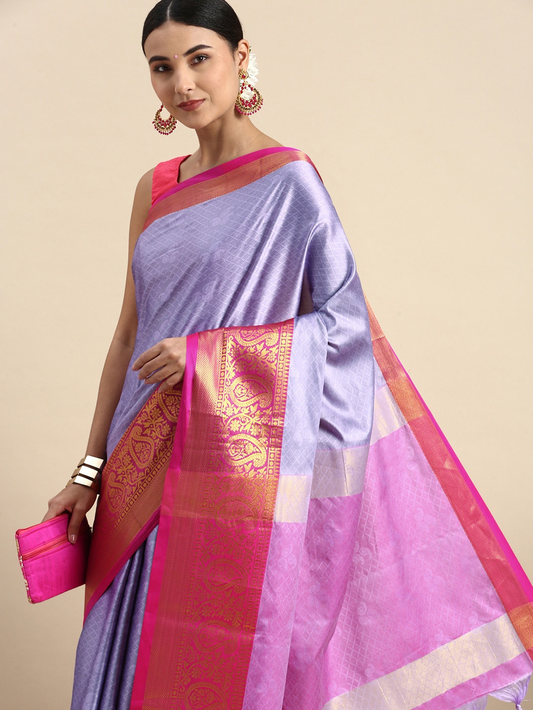 

FASHDEAL Woven Design Ethnic Motifs Pure Cotton Saree, Lavender