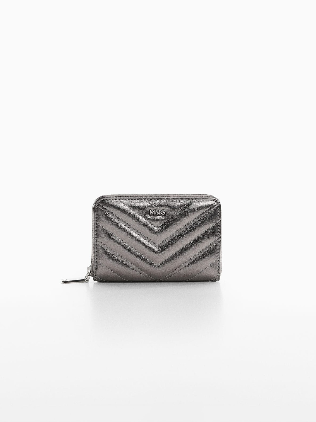 

MANGO Women Geometric Textured Zip Around Wallet, Metallic