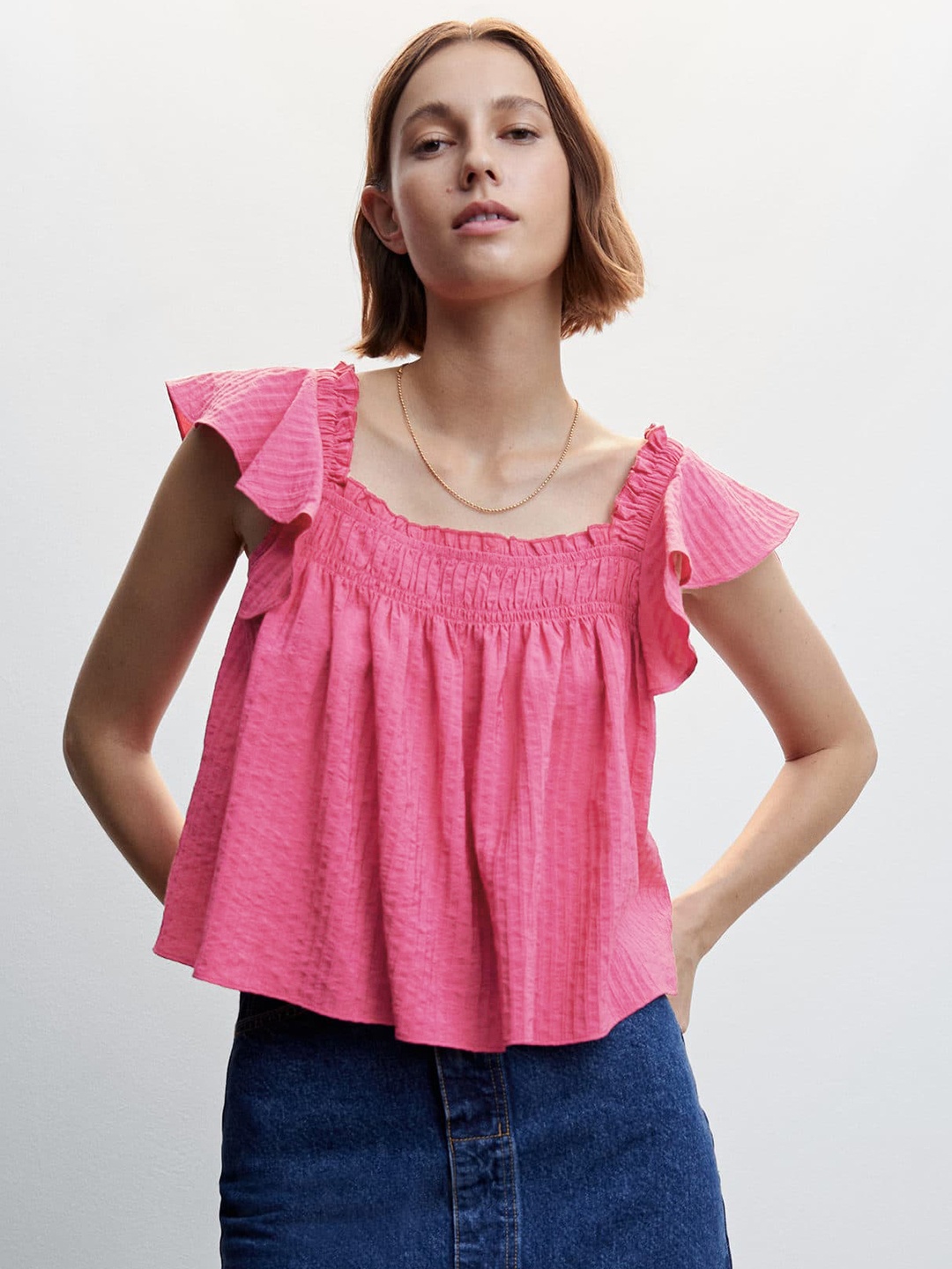 

MANGO Seersucker A-Line Top, Pink