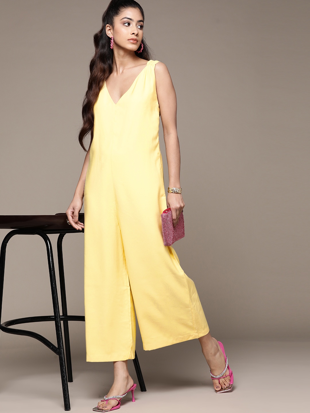 

MANGO V-Neck Cross Back Detail Basic Jumpsuit, Yellow