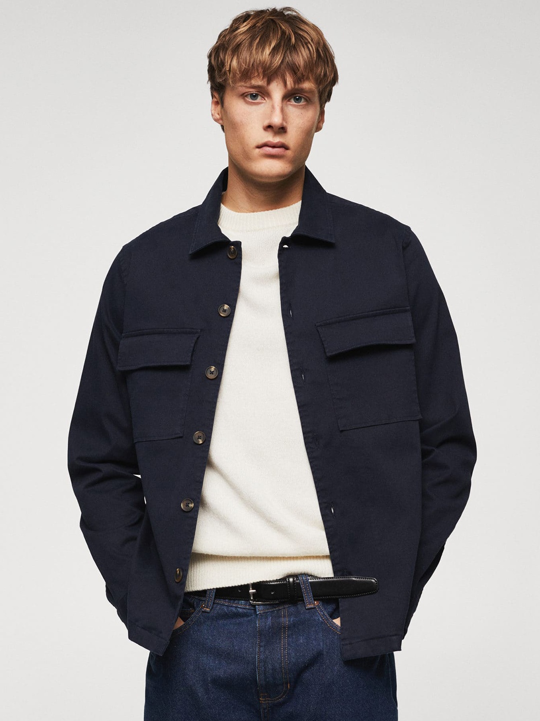 

MANGO MAN Slim Fit Pure Cotton Casual Shacket, Navy blue
