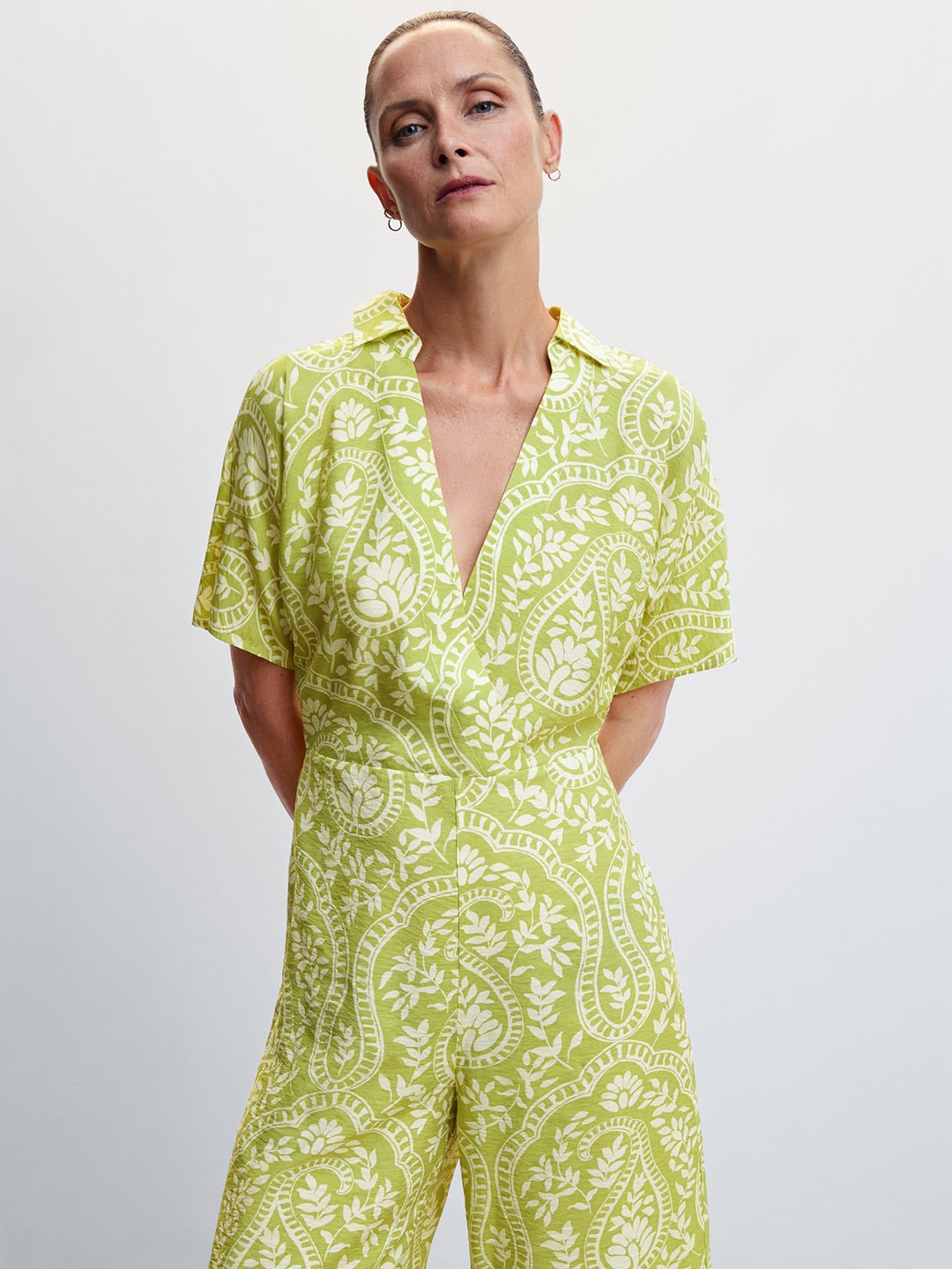 

MANGO Sustainable Baroque Print Wrap Jumpsuit, Green