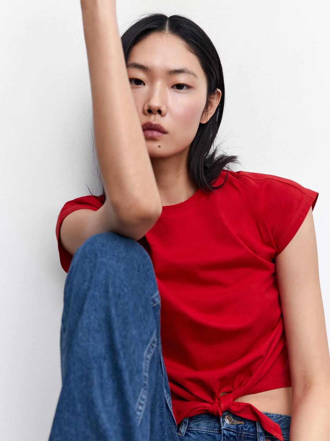 

MANGO Sustainable Knot Detail Pure-Cotton Crop Top, Red