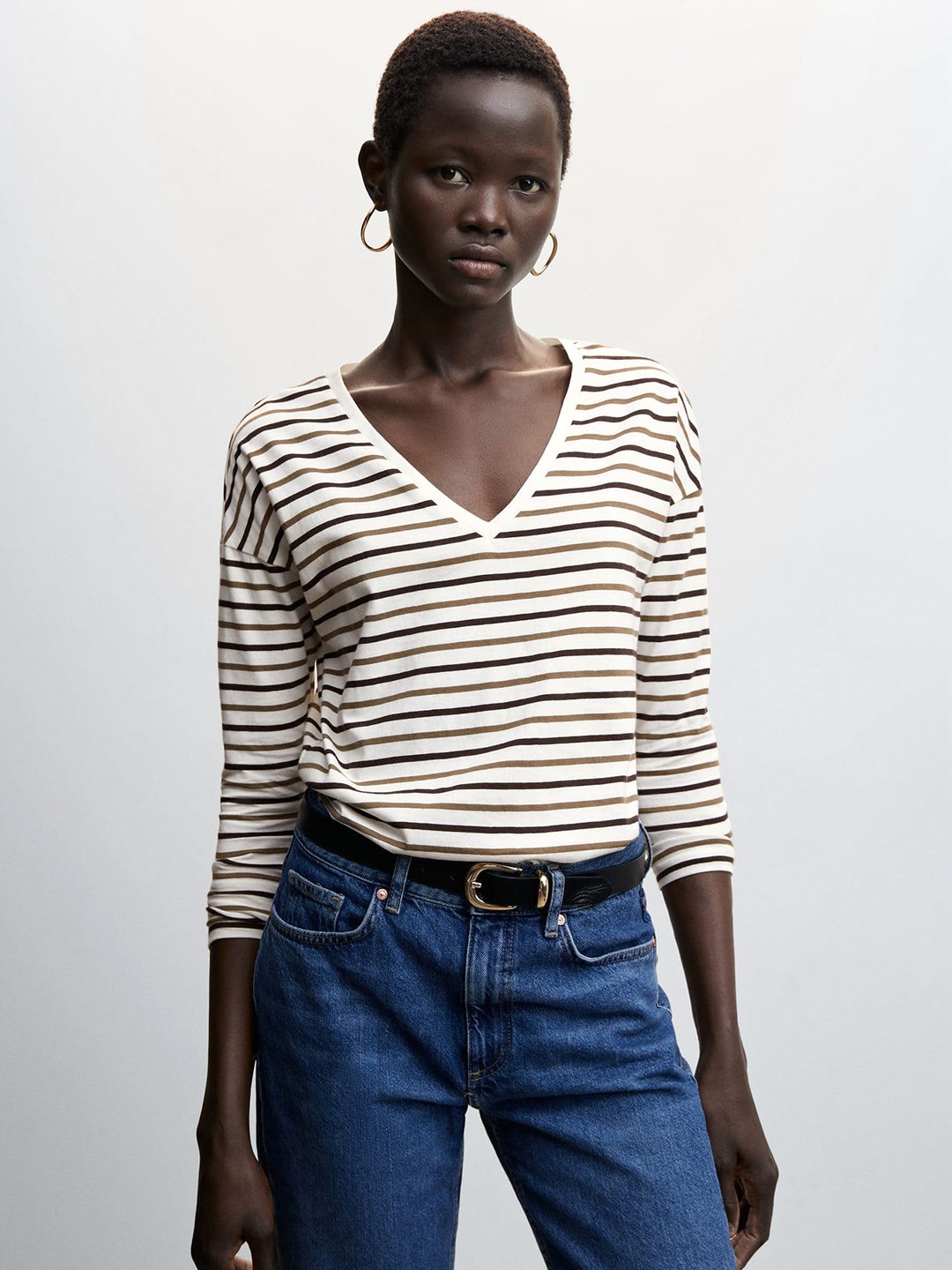 

MANGO Sustainable Striped V-Neck Drop-Shoulder Sleeves Pure Cotton T-shirt, White