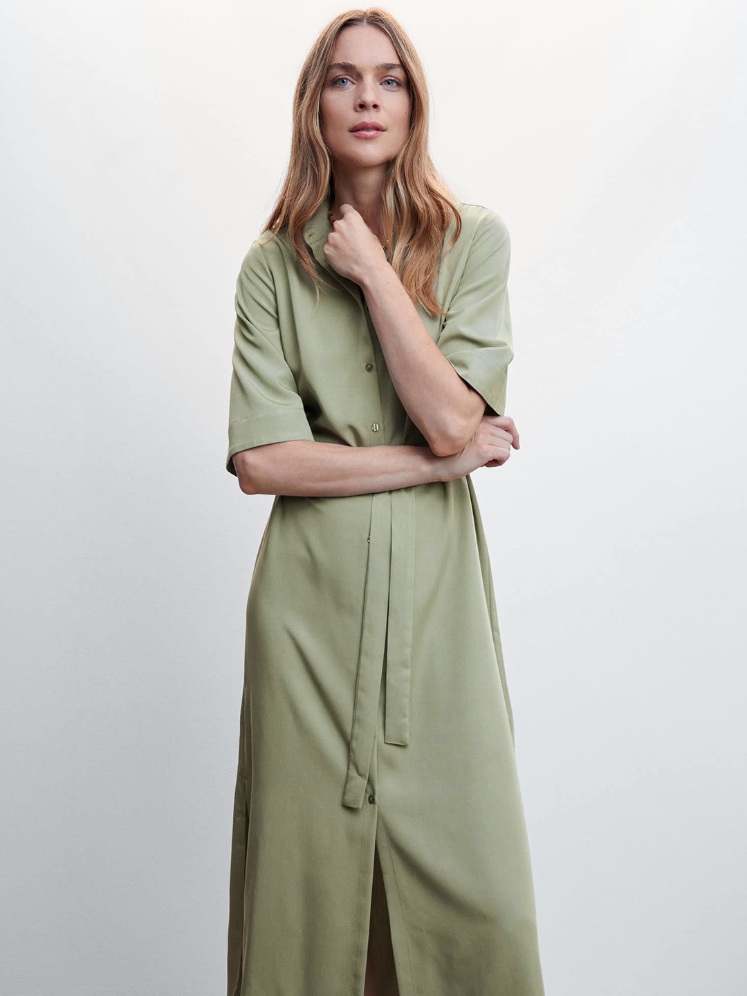 

MANGO Valentine Collection Oversized Shirt Midi Dress with Belt, Green