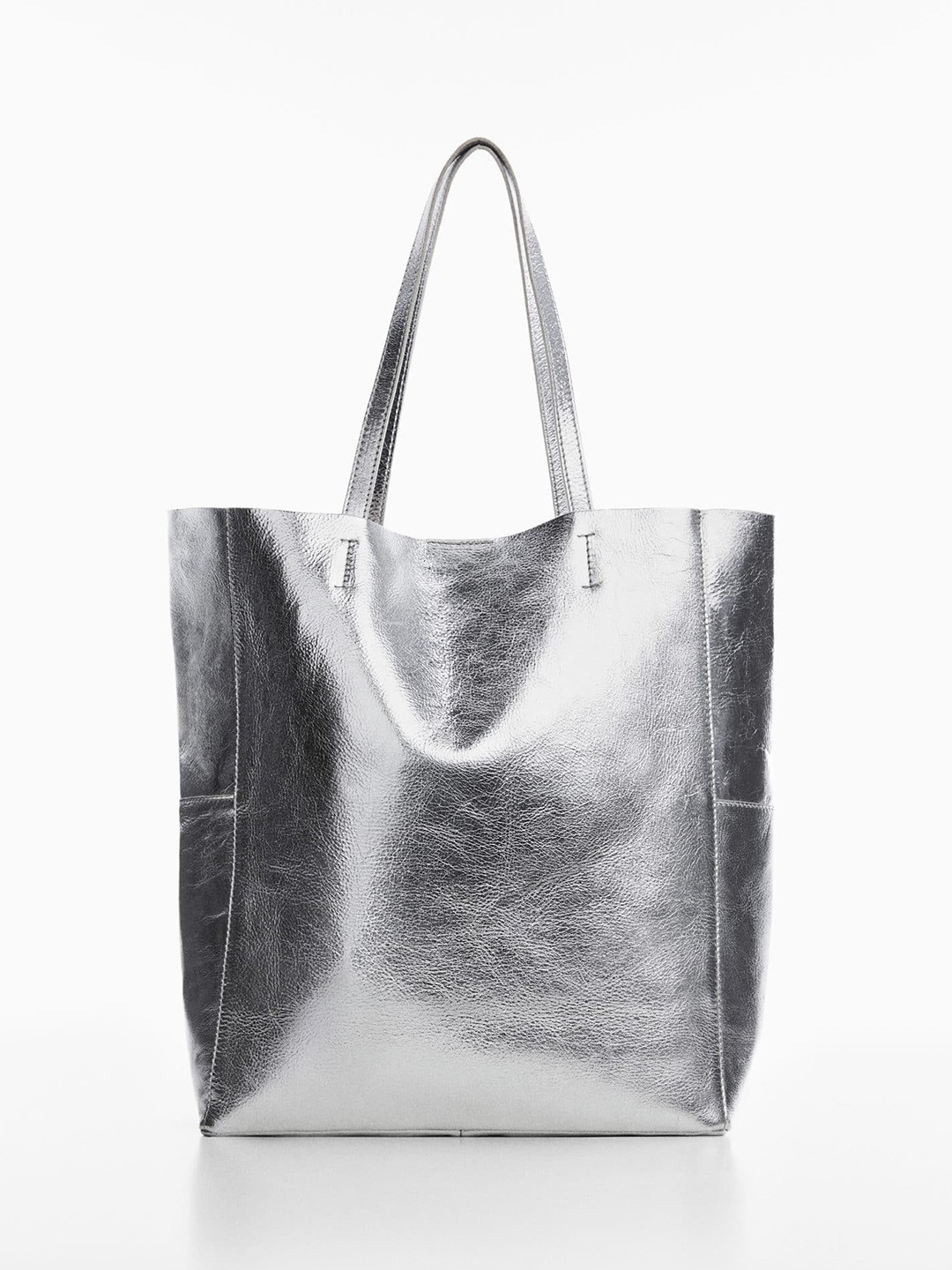 

MANGO Women Leather Structured Sustainable Tote Bag, Silver