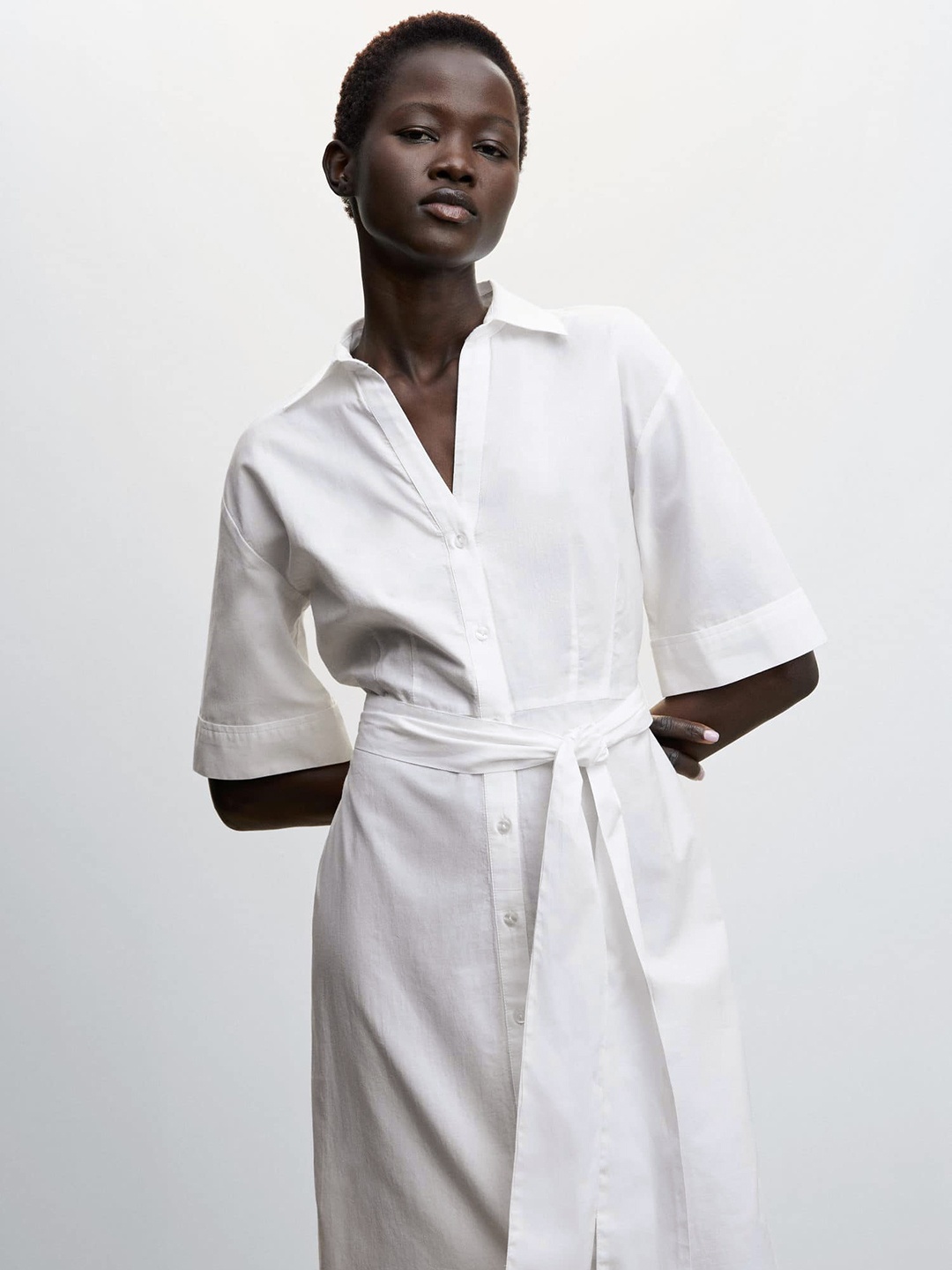 

MANGO Cotton Schiffli Detail Shirt Midi Dress With Belt, White