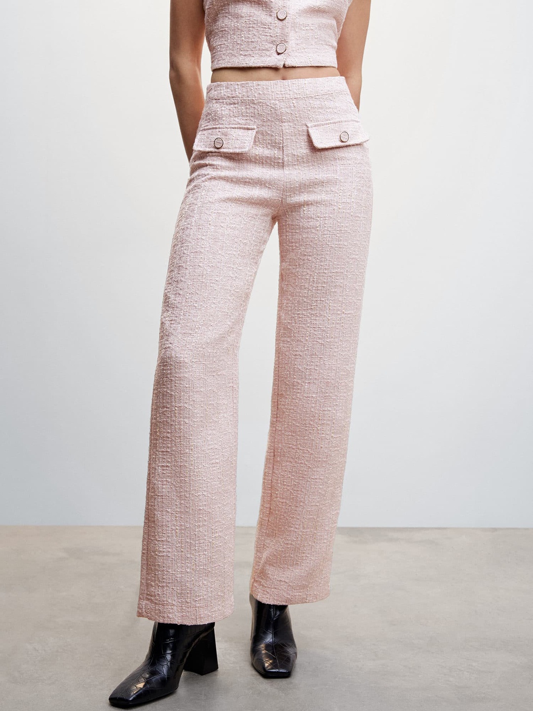 

MANGO Women Textured Trousers, Pink