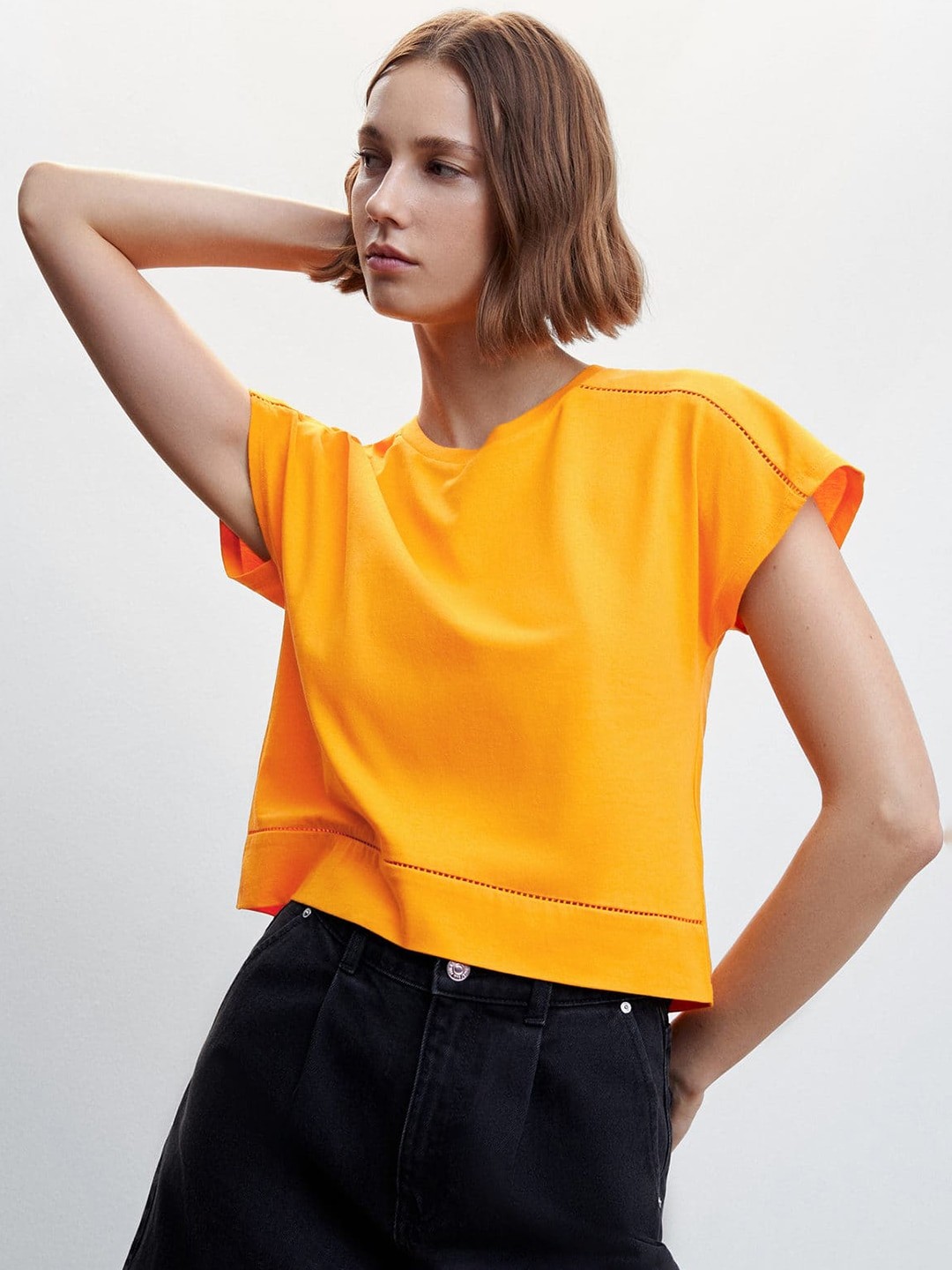 

MANGO Pure Cotton Extended Sleeve Sustainable T-shirt, Orange