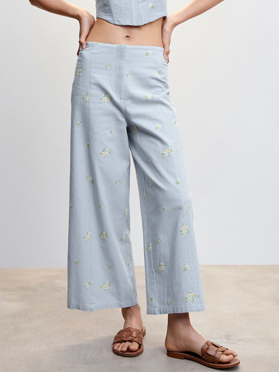 

MANGO Women Floral Embroidered Flared Culottes, Blue