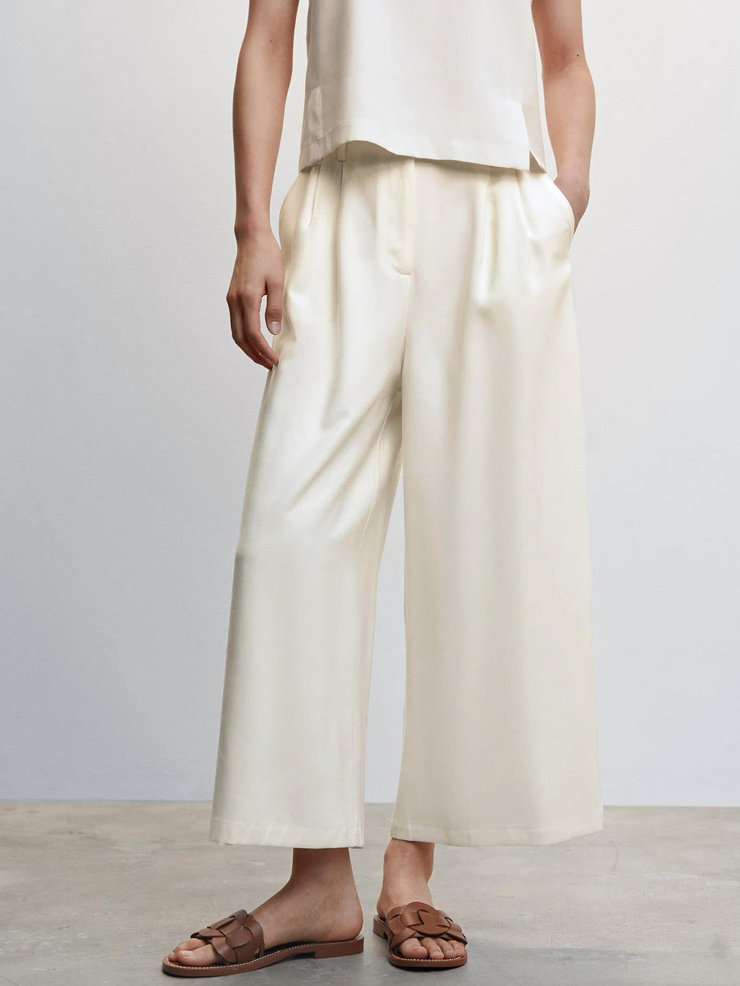 

MANGO Women Pleated Culottes, Cream
