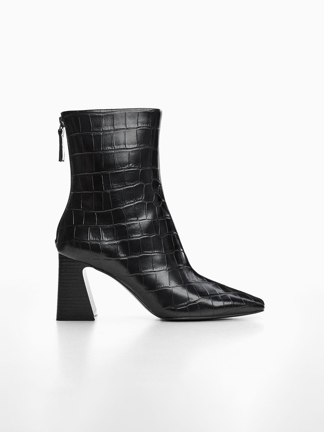 

MANGO Women Croc Textured Mid-Top Block Heel Boots, Black