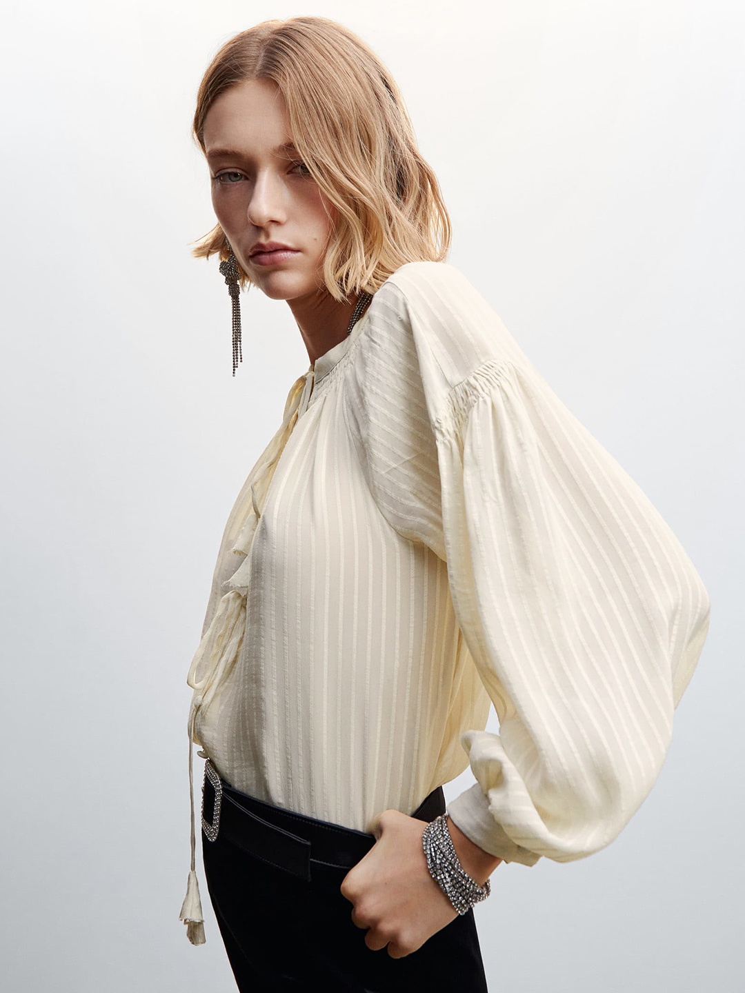 

MANGO Self-Striped Tie-Up Neck Top, Cream