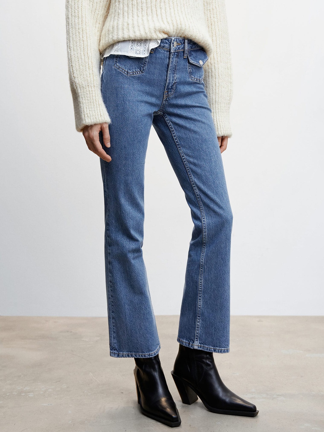 

MANGO Sustainable Bootcut Low-Rise Stretchable Cropped Jeans, Blue