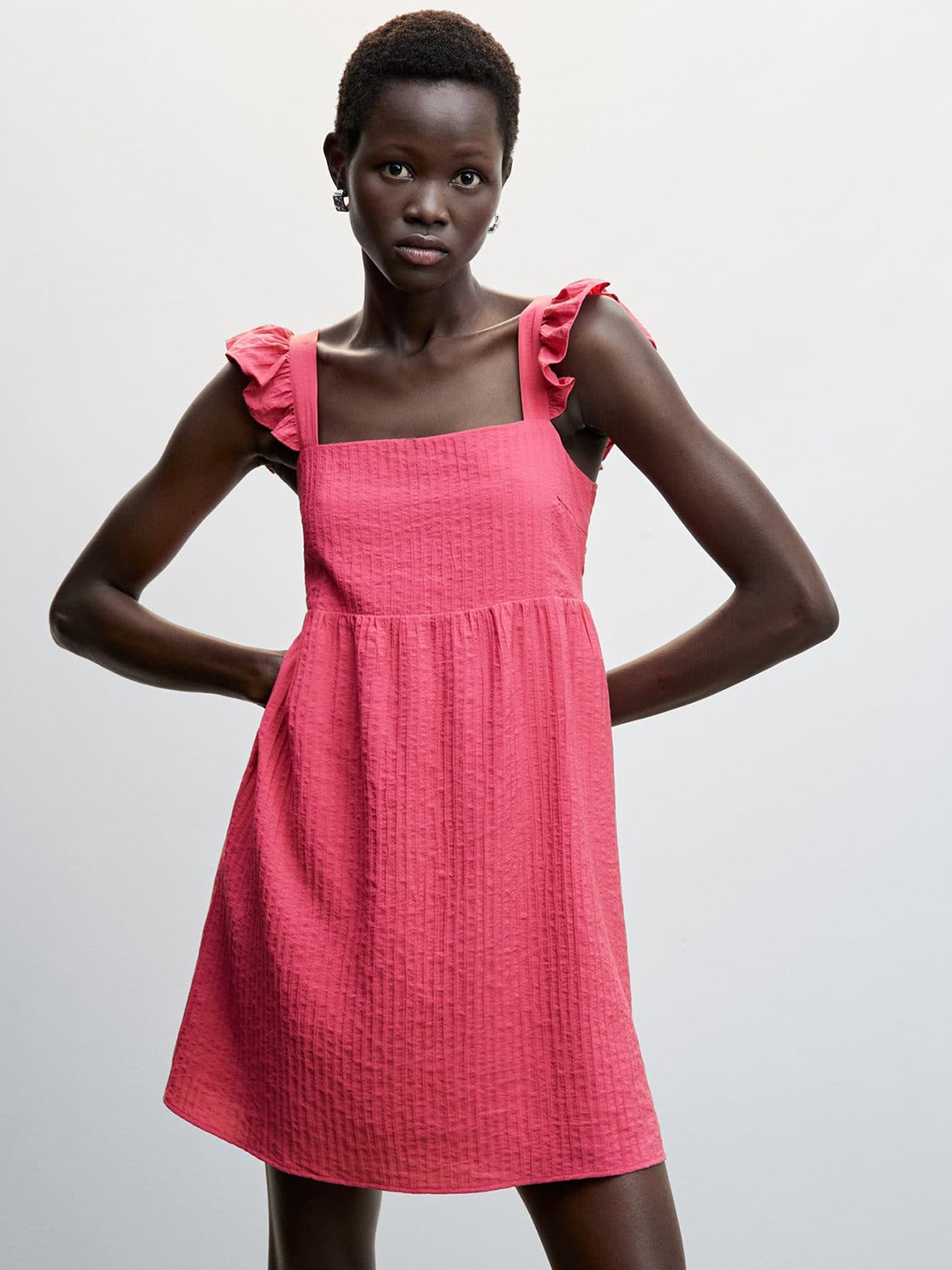 

MANGO Smocked & Cut-Out Detail Seersucker A-Line Dress, Pink