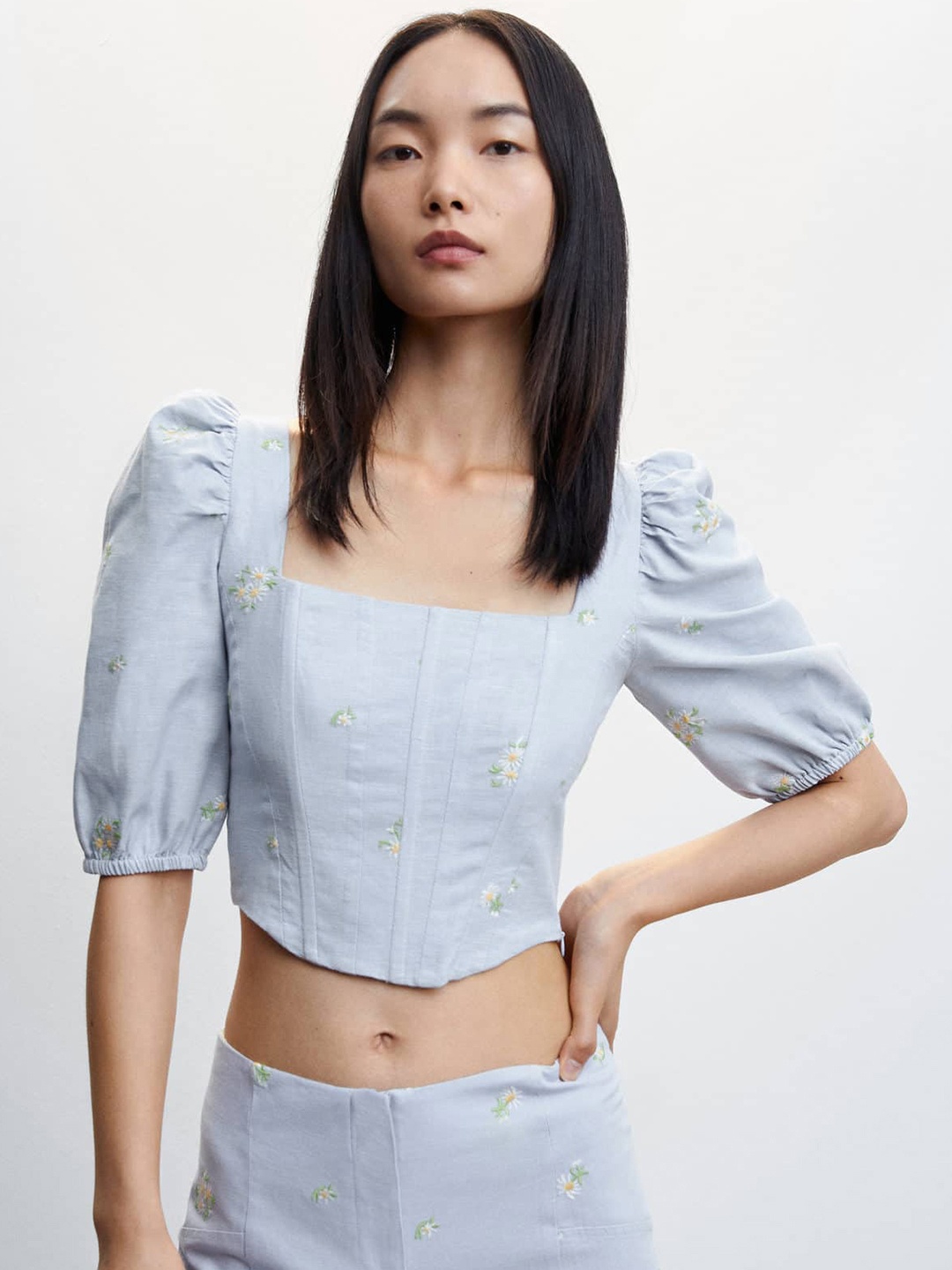 

MANGO Floral Embroidered Cotton Linen Smocked Corset Style Crop Top, Blue