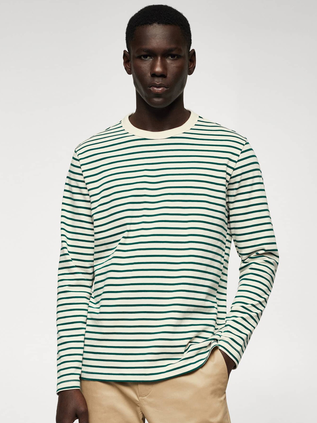 

MANGO MAN Striped Pure Cotton T-shirt, Off white