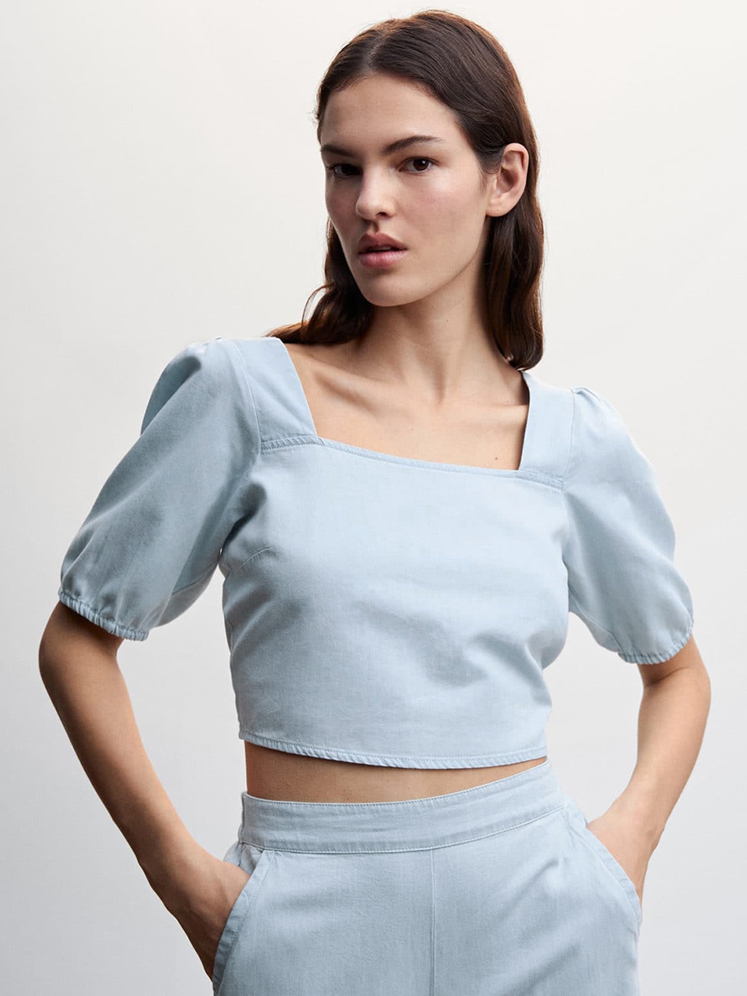 

MANGO Cotton Styled Back Crop Top, Blue