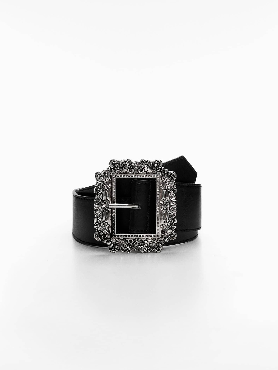 

MANGO Women Embossed Buckle Belt, Black