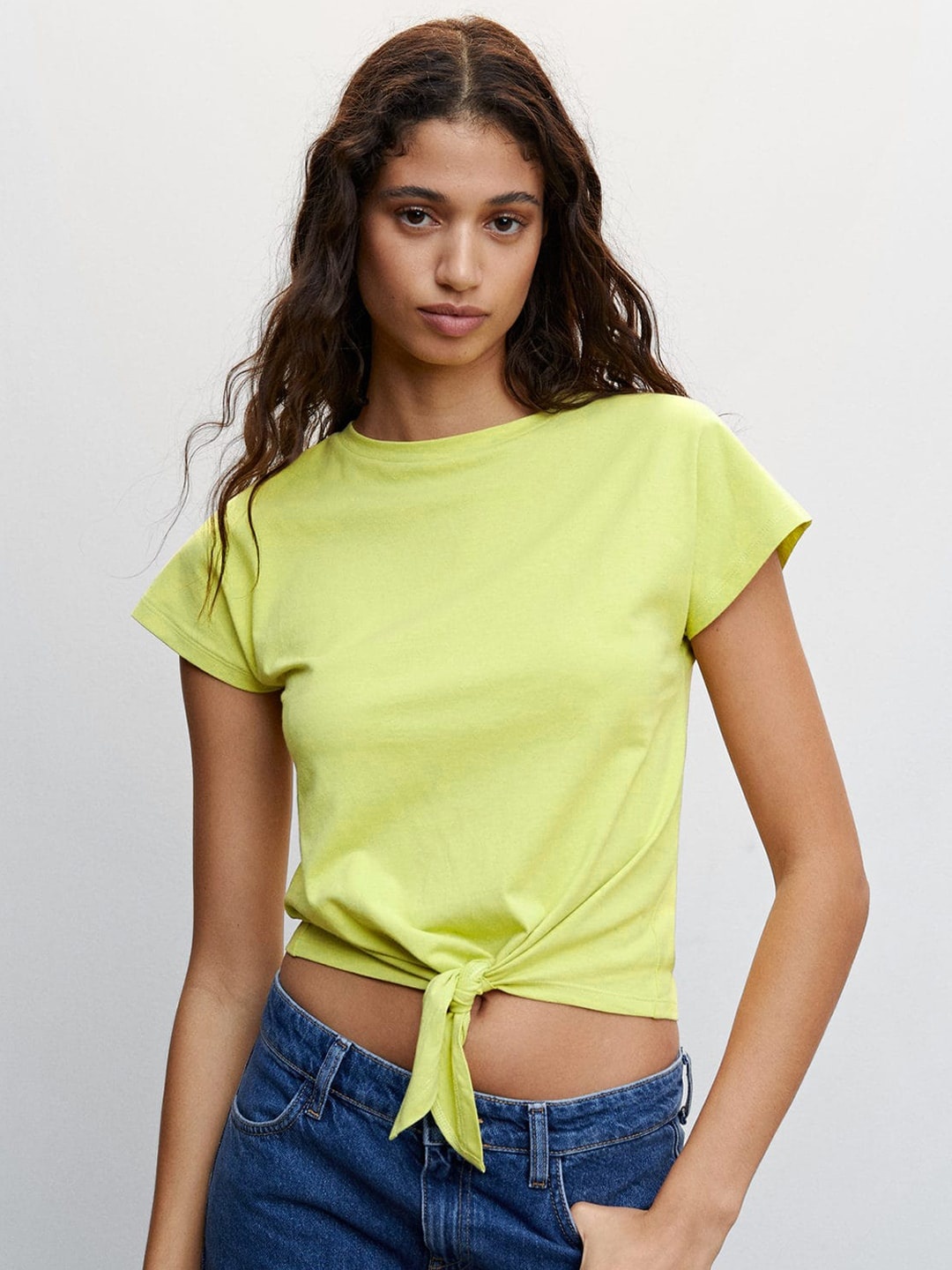 

MANGO Pure Cotton Tie-up Detail Crop Top, Lime green