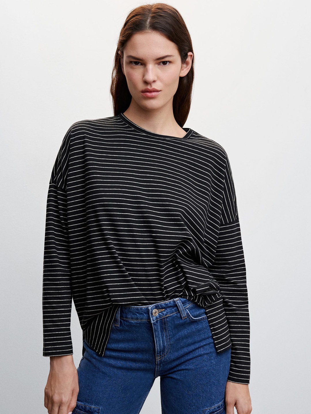 

MANGO Cotton Linen Striped Drop-Shoulder Sleeves Sustainable T-shirt, Black