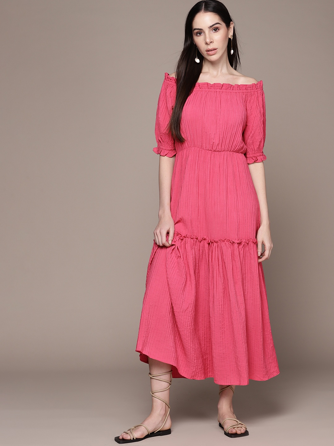 

MANGO Seersucker Off-Shoulder A-Line Midi Dress, Pink