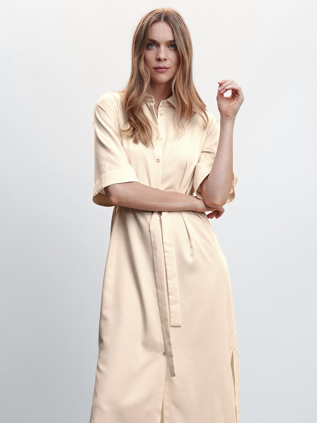 

MANGO Valentine Collection Oversized Shirt Midi Dress with Belt, Off white