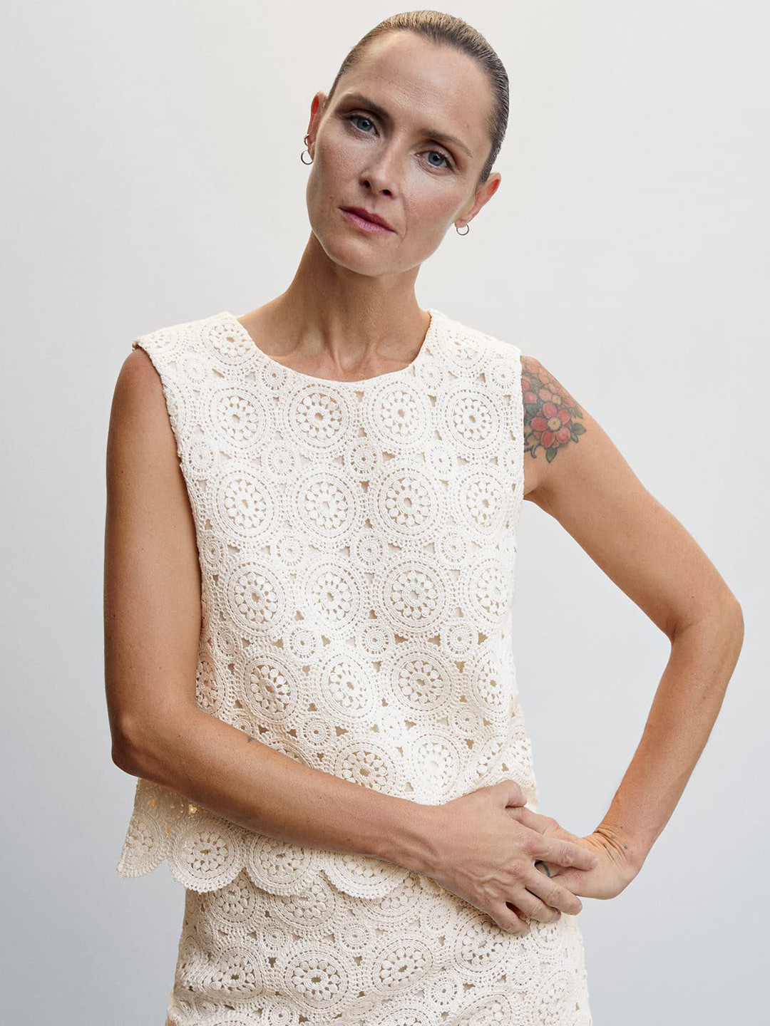

MANGO Crochet Round Neck Top, Off white