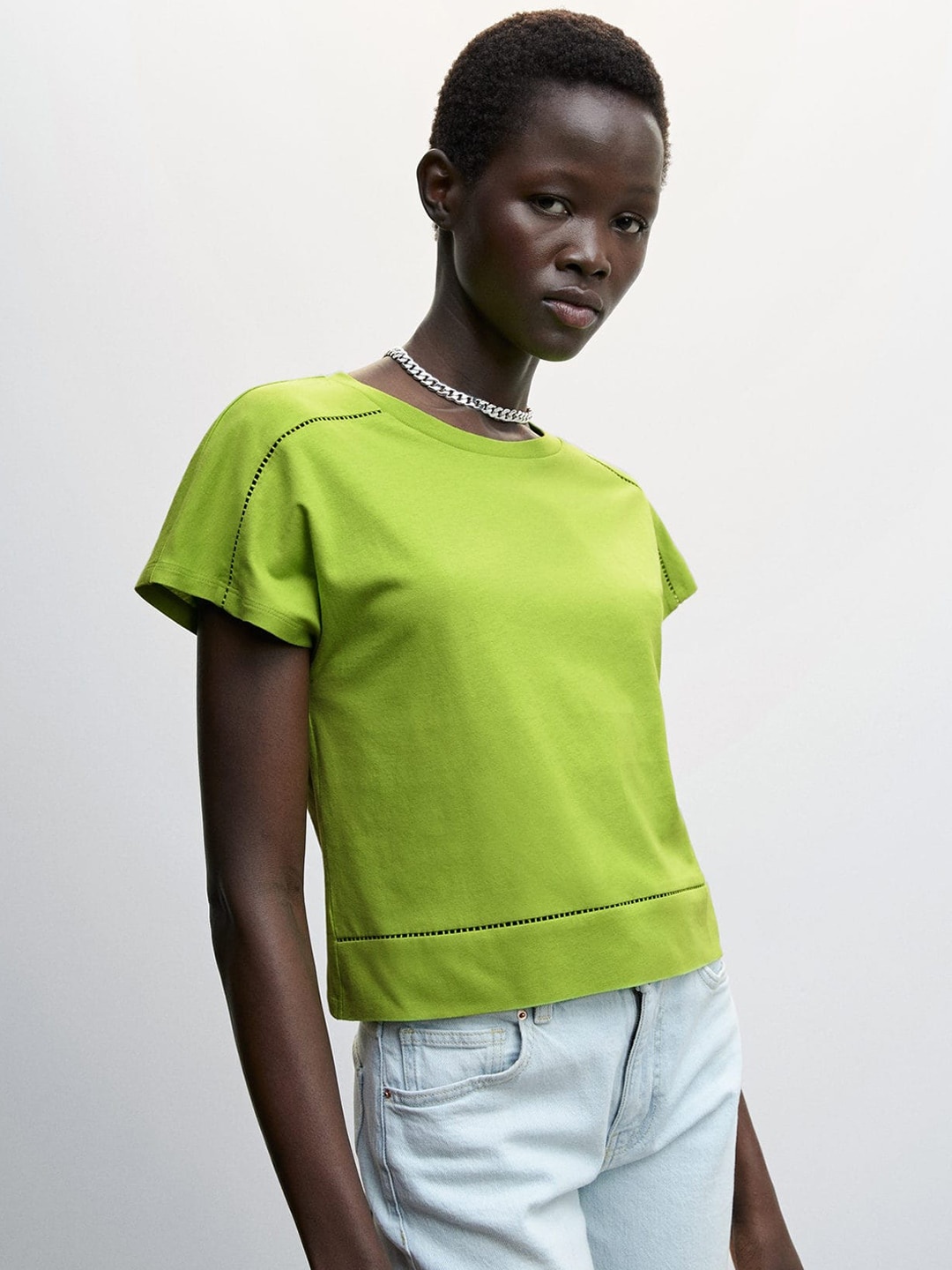 

MANGO Pure Cotton Extended Sleeve Sustainable T-shirt, Lime green