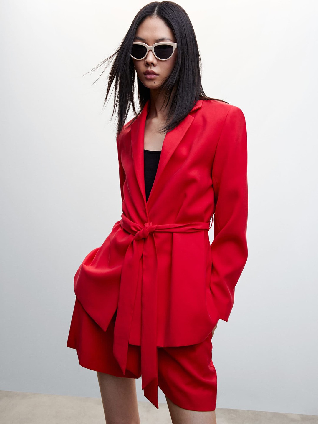 

MANGO Valentine Collection Sustainable Open Front Cheery Red Blazer With Belt