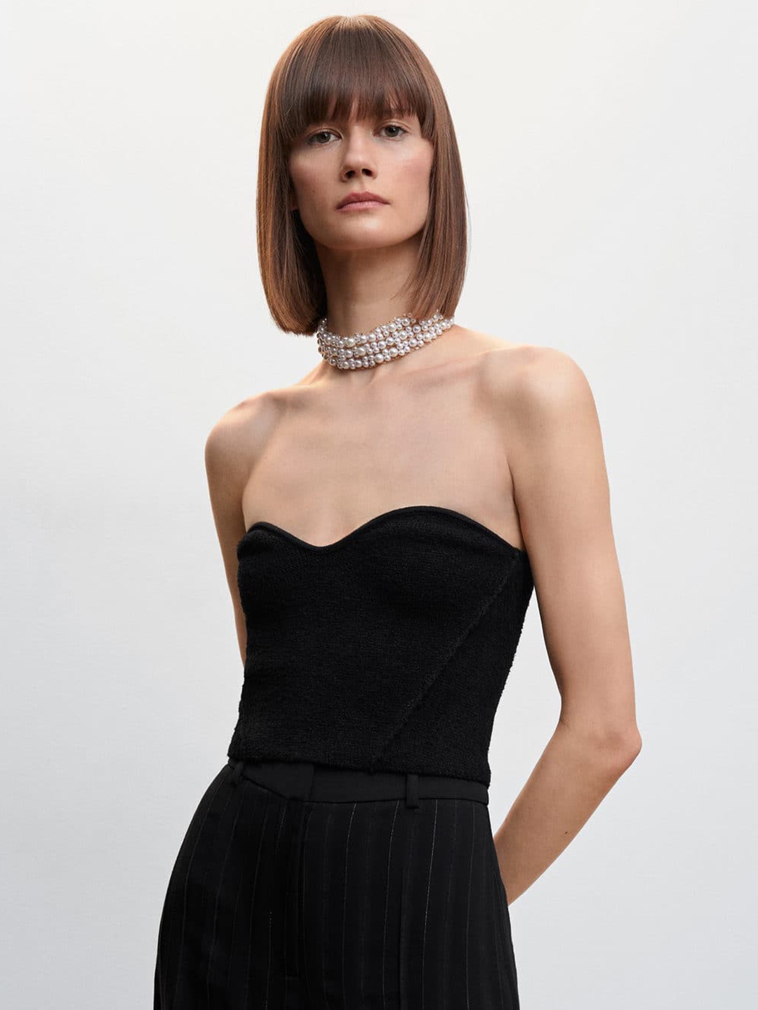 

MANGO Off-Shoulder Corset Style Crop Top, Black